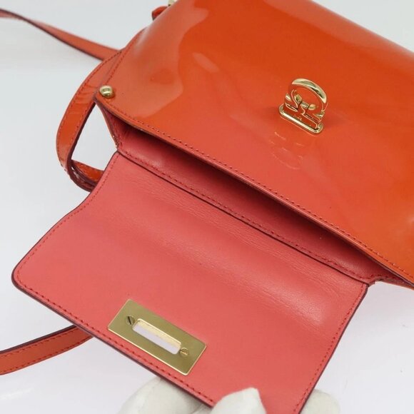 Salvatore Ferragamo Gancini Hand Bag Enamel 2way Orange Gold Auth - Picture 13 of 16